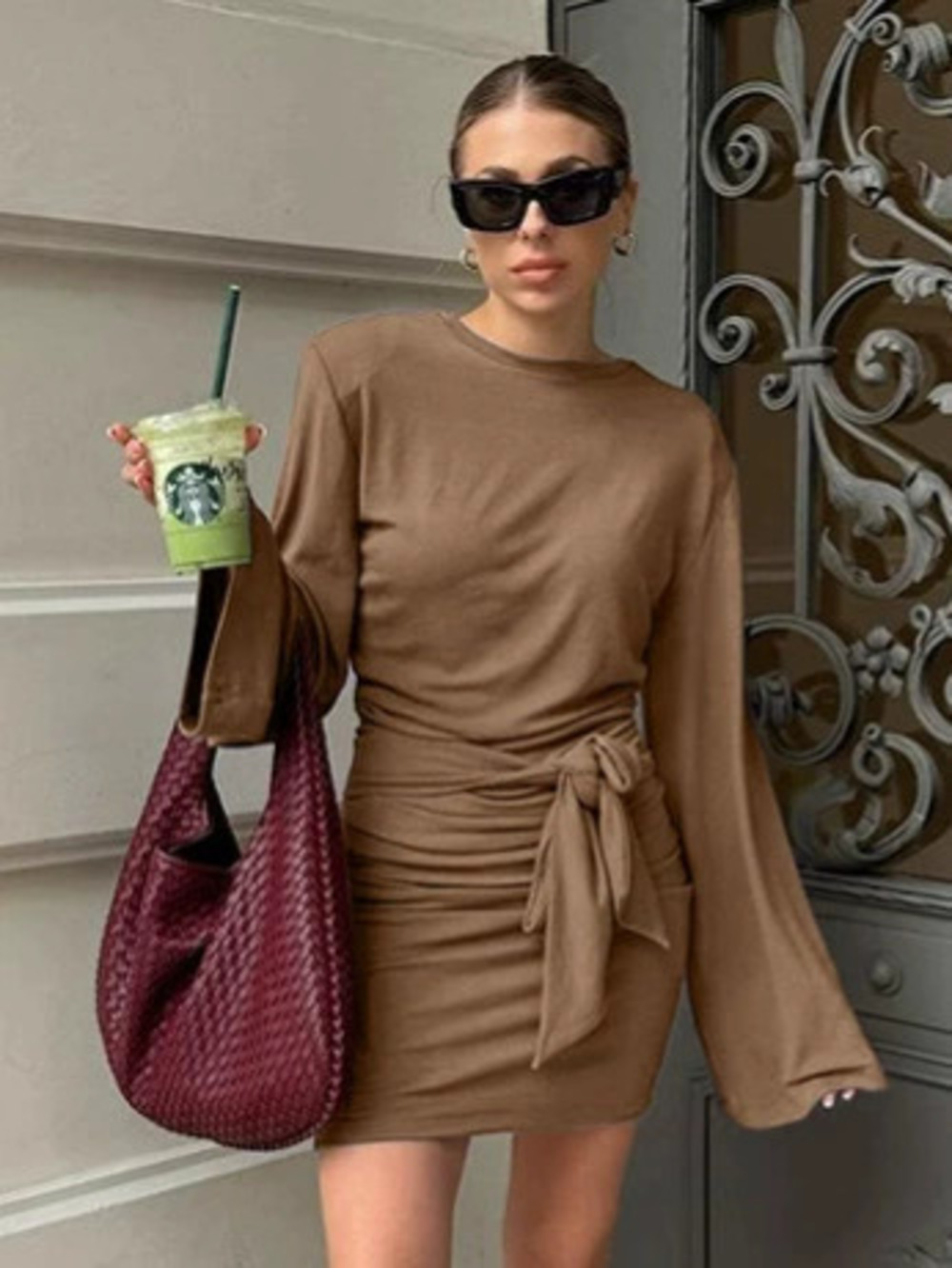 Forever 21 Office Brown Tie Front Long Sleeve Knit Layered Dress Round Neck